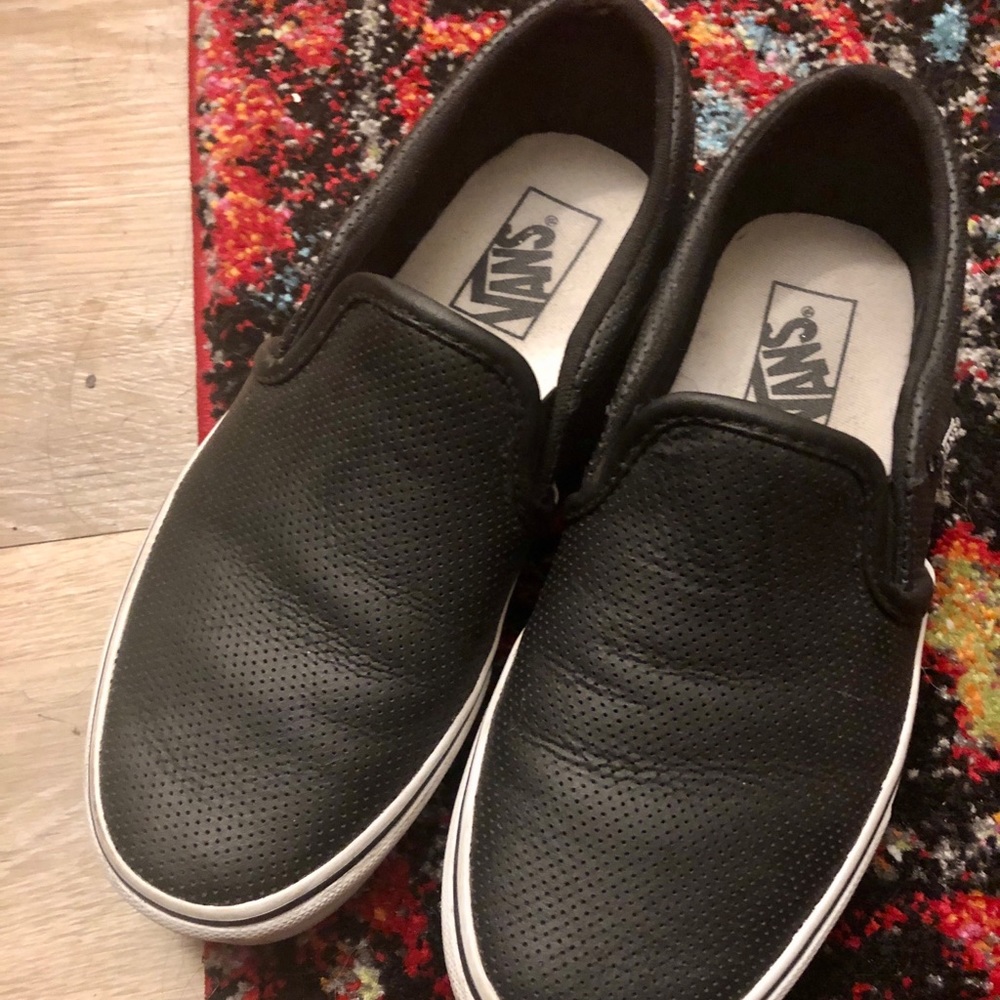 [Vans] black leather slip ons